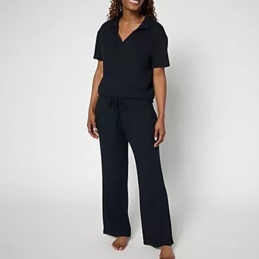 MUK LUKS Womens Plus‎ 1X Black Rib Knit Short Sleeve Collared Lounge Set A685249